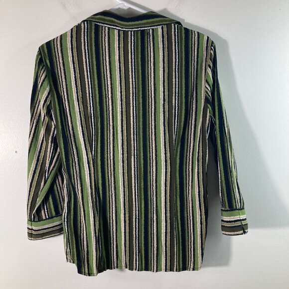 Womens Apt 9 Retro‎ Vibe Stretch Striped Button Shirt M Green Black Tan - Picture 2 of 7
